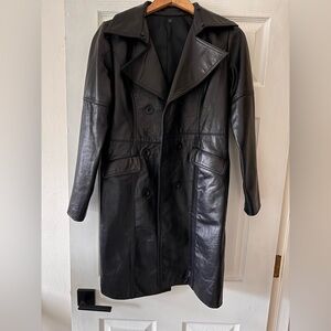 Vintage Double Breasted Soft Leather Trench Coat with Pockets